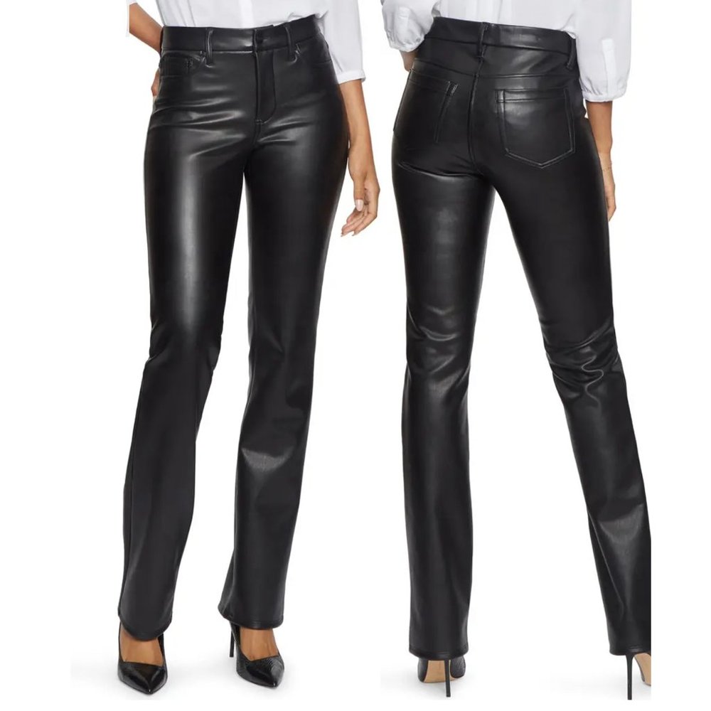 NYDJ Size 12 Pants Sculpt-Her Straight Black Faux Leather Felt Lined Straight